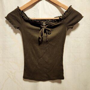 Aeropostale Off The Shoulder Ribbed Top Junior‎ XS Green Lace Up Front Ruffled